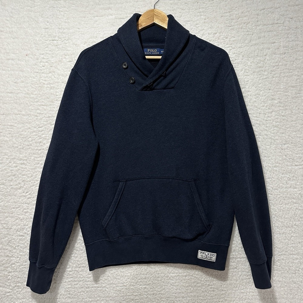 Polo Ralph Lauren Blue Shawl Collar 2‎ Button Kangaroo Pocket Logo Patch Sweater